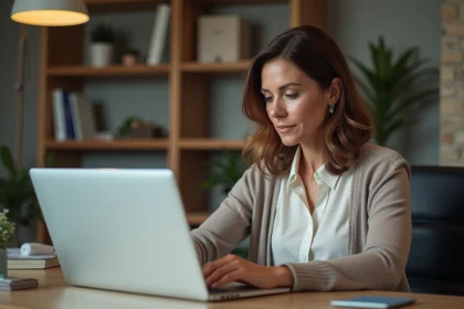 Femme concentr&eacute;e utilisant un ordinateur avec Agendis 62