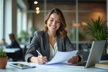Femme confiante au bureau en tenue professionnelle