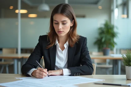 Femme professionnelle consultant ses documents et contrats d'intérim sur son bureau dans un open space moderne