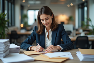 Femme d affaires préparant des enveloppes dans un bureau moderne