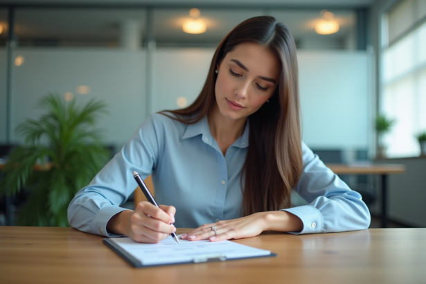 Jeune femme professionnelle remplissant un formulaire au bureau