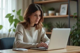 Femme concentrée travaillant sur son ordinateur à domicile