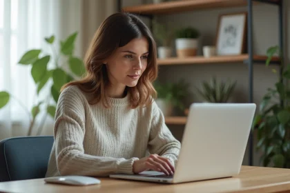 Femme concentr&eacute;e travaillant sur son ordinateur &agrave; domicile