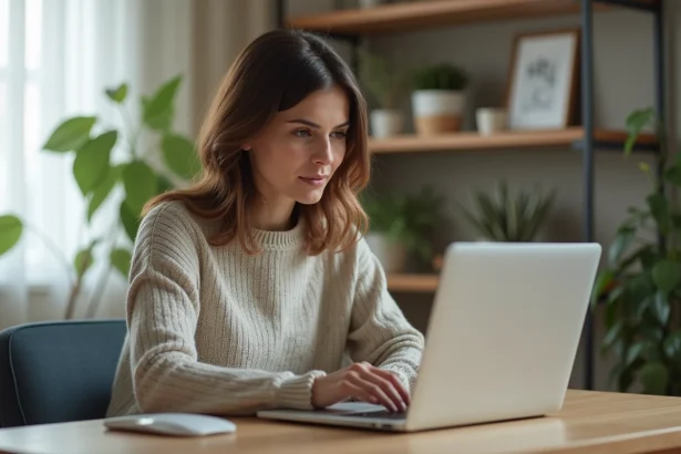 Femme concentrée travaillant sur son ordinateur à domicile