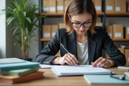 Femme d'âge moyen organisant des dossiers dans un bureau moderne