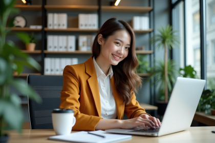 Jeune femme au bureau souriante et détendue