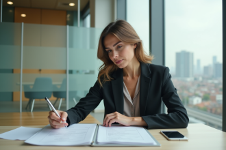 Femme d affaires dans un bureau moderne avec vue urbaine