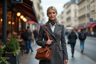 Femme professionnelle avec sac et tablier à un arrêt de bus urbain