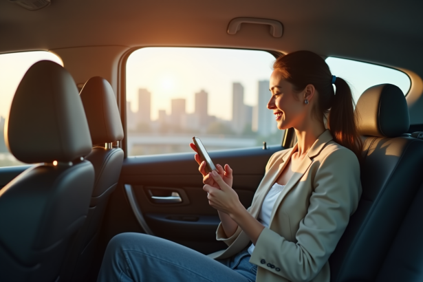 Femme d'affaires souriante dans une voiture moderne regardant la ville