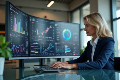 Femme cadre analysant un tableau de bord BI sur grand écran dans un bureau moderne connecté
