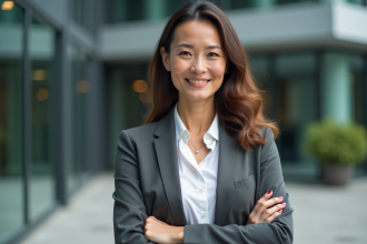 Femme professionnelle avec certificat devant bâtiment moderne