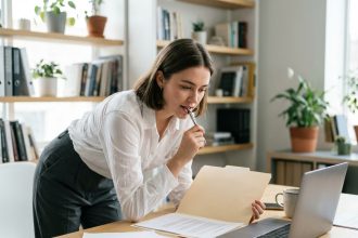 Jeune femme concentrée examinant un contrat au bureau