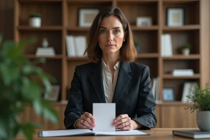 Femme d'&acirc;ge moyen tenant une carte de condol&eacute;ances dans un bureau