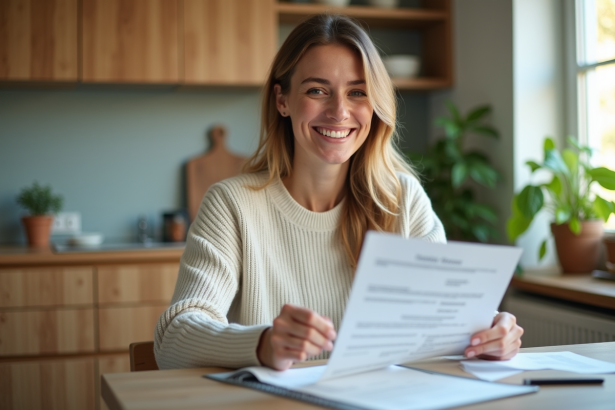 Femme souriante tenant un contrat dans une cuisine lumineuse
