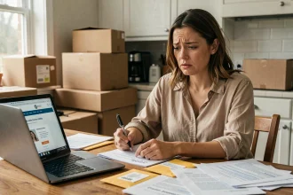 Femme stressée gérant des démarches administratives Pôle emploi après un déménagement avec des documents éparpillés sur une table