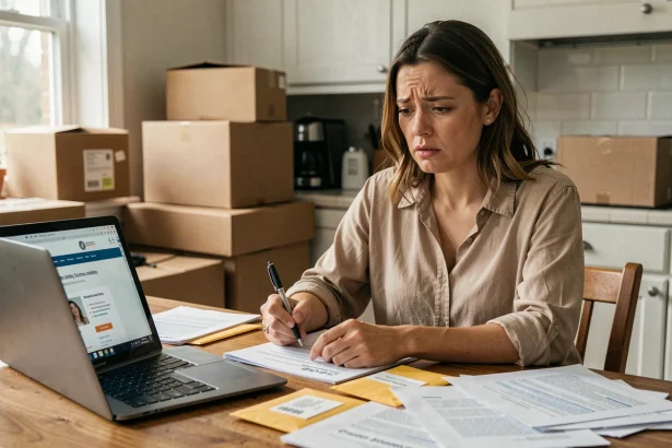 Femme stressée gérant des démarches administratives Pôle emploi après un déménagement avec des documents éparpillés sur une table