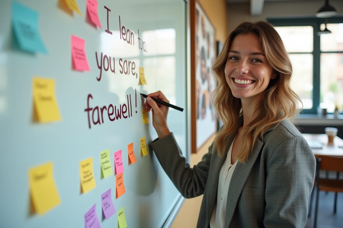 Femme souriante &eacute;crivant un message humoristique sur un tableau blanc dans un bureau