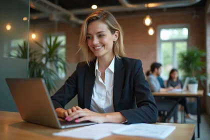 Femme entrepreneur utilisant un ordinateur portable dans un espace de coworking moderne pour lancer son activité avec partenaire-entreprise.com