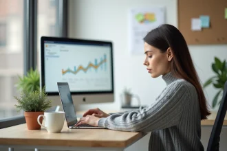 Femme entrepreneur travaillant sur son ordinateur portable avec un tableau de bord analytique affiché, dans un bureau à domicile minimaliste