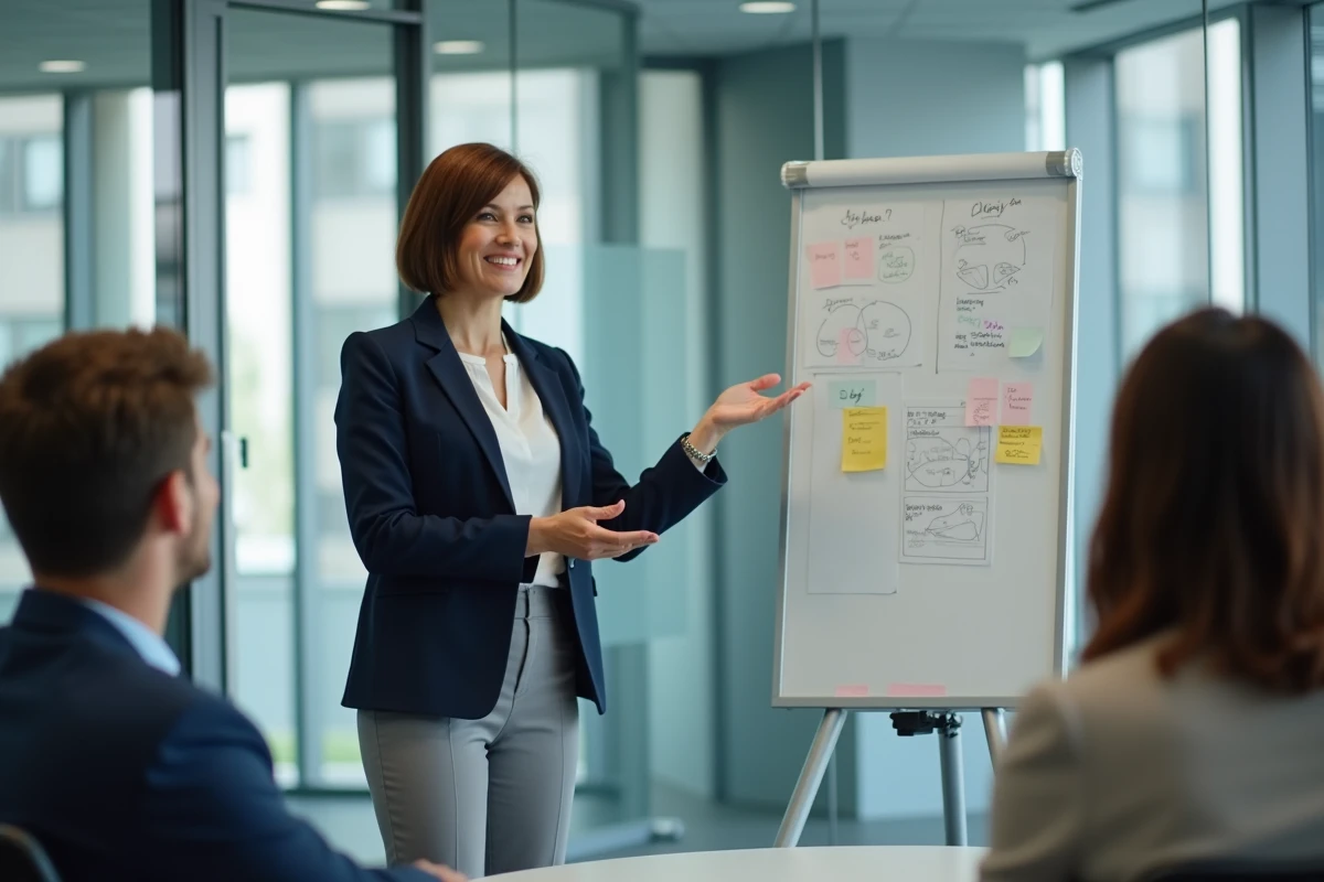 Femme entrepreneur présentant son projet à des collègues lors d'une réunion de réseau d'accompagnement professionnel