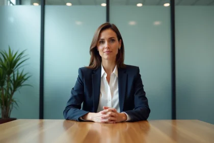 Femme professionnelle exprimant sa motivation lors d'un entretien d'embauche dans une salle de réunion moderne