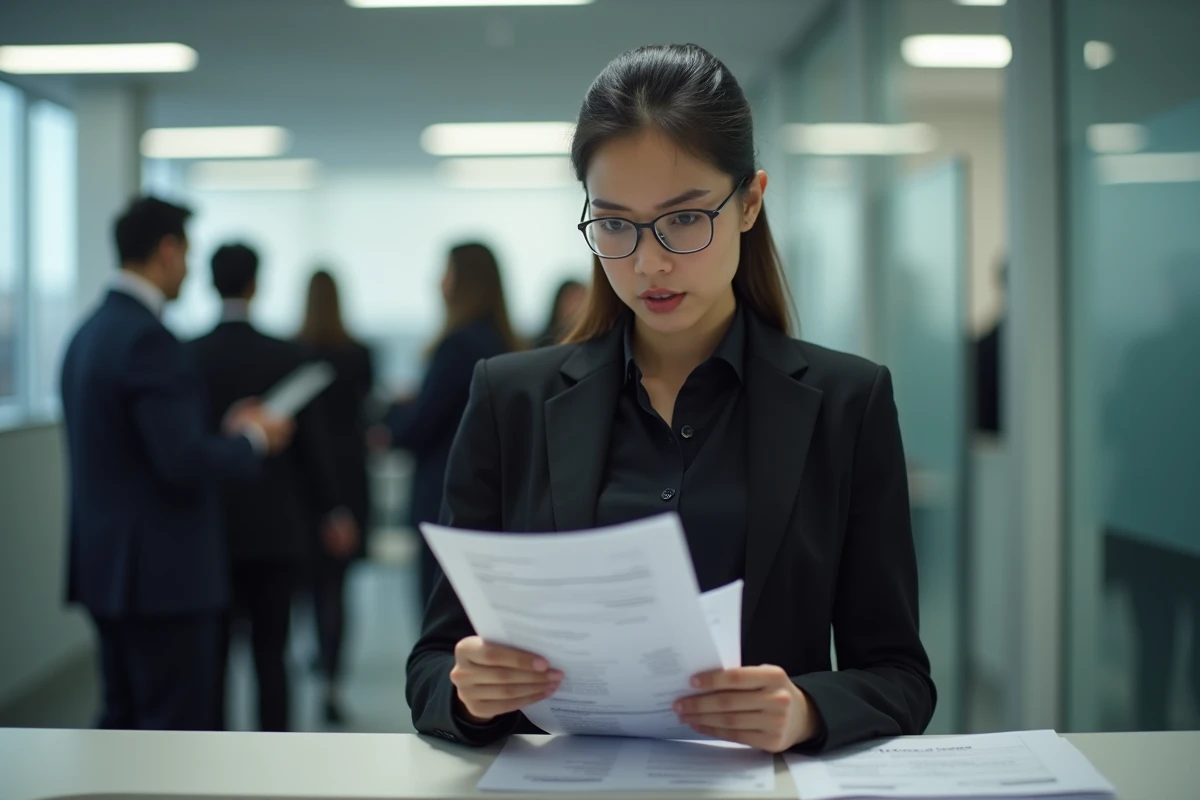 Jeune femme en ligne dans un bureau moderne