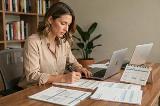 Femme professionnelle gérant des feuilles de temps et plusieurs emplois depuis un bureau à domicile organisé