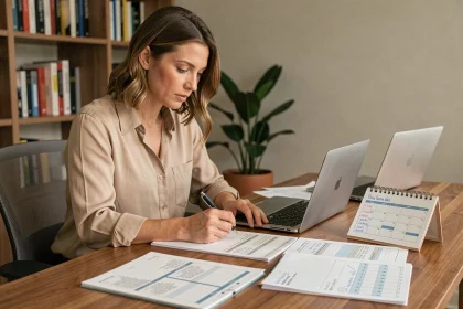 Femme professionnelle gérant des feuilles de temps et plusieurs emplois depuis un bureau à domicile organisé