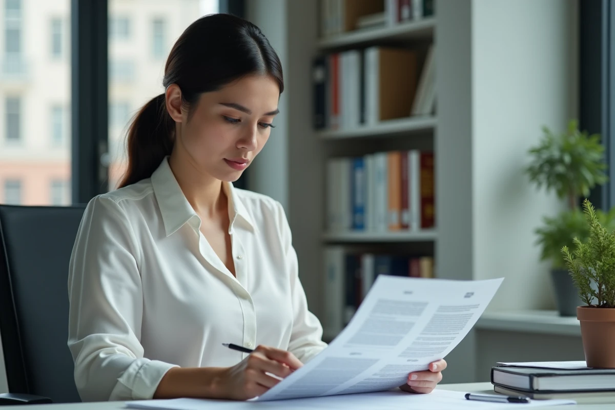 Femme employée lisant attentivement un document juridique relatif à la rupture conventionnelle Article L1237-11