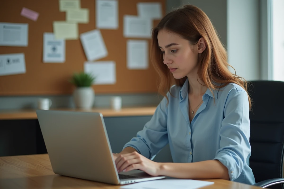 Jeune femme lisant une note interne sur son ordinateur portable