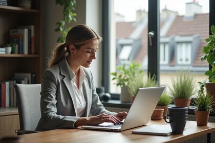 Femme utilisant un ordinateur personnel à domicile pour accéder à une application professionnelle de la Ville de Paris