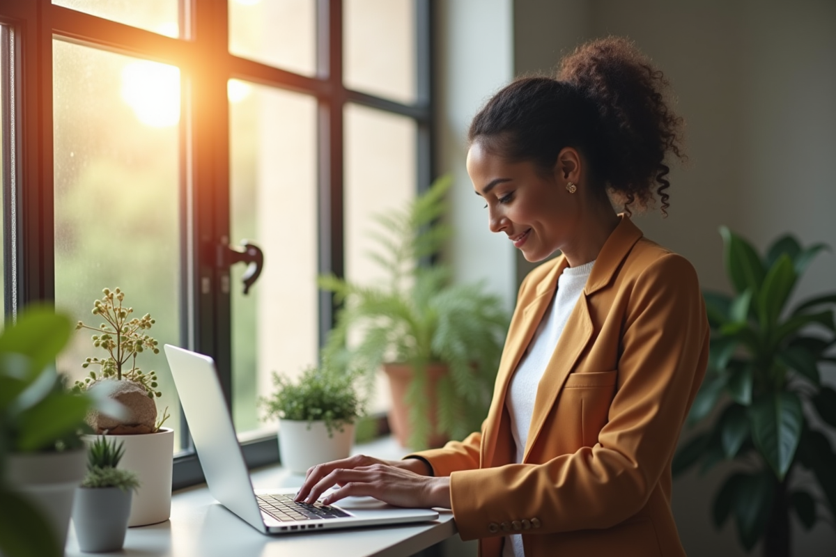 Femme d affaires fermant son ordinateur dans une ambiance sereine