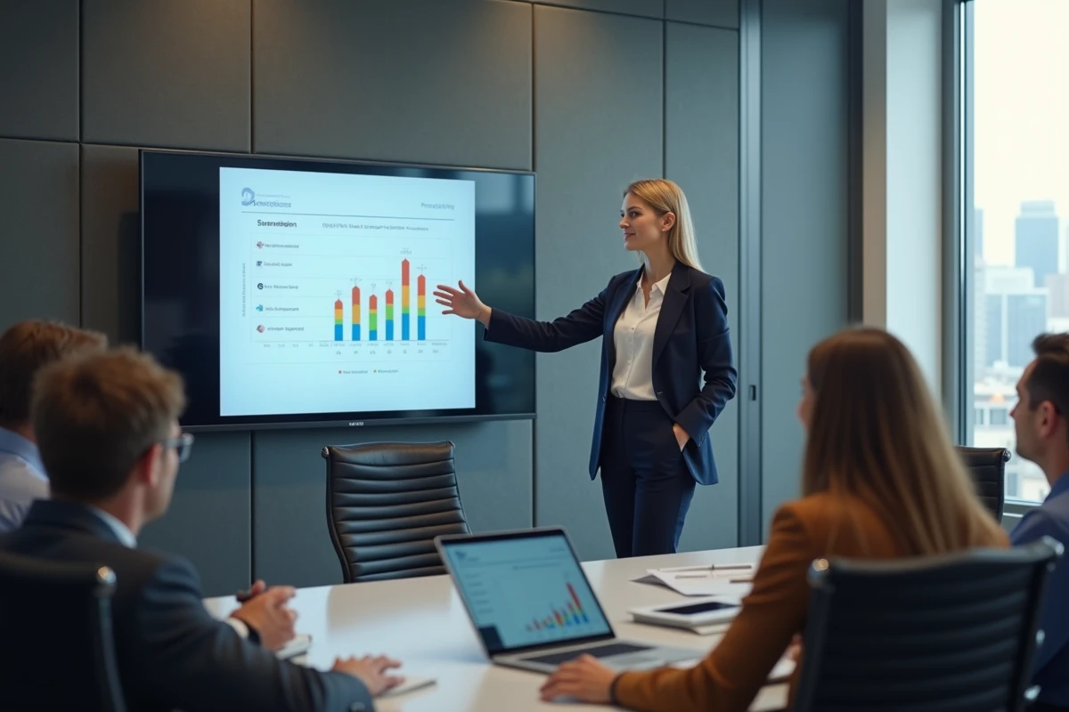 Femme en réunion présente un graphique interactif