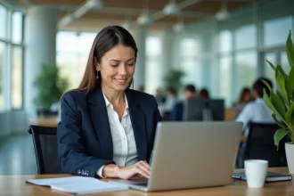 Femme professionnelle consultant une solution d'assurance en ligne pour ses locaux dans un bureau moderne