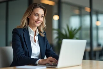 Femme d'affaires concentrée sur son ordinateur au bureau