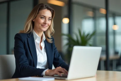 Femme d'affaires concentr&eacute;e sur son ordinateur au bureau