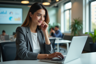Jeune femme professionnelle en bureau moderne avec ordinateur