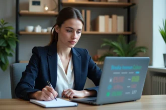 Femme en blazer navy travaillant sur un ordinateur dans un bureau moderne
