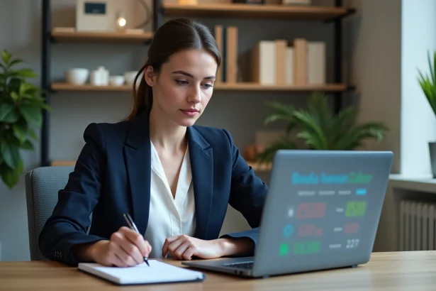 Femme en blazer navy travaillant sur un ordinateur dans un bureau moderne