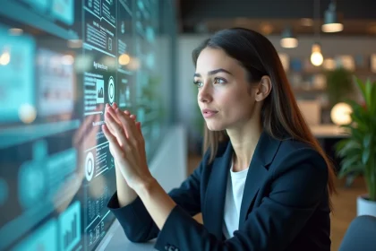 Jeune femme professionnelle utilisant une interface digitale