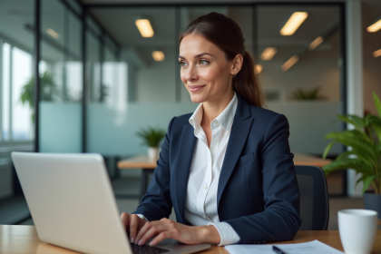 Femme professionnelle en bureau moderne travaillant sur son ordinateur
