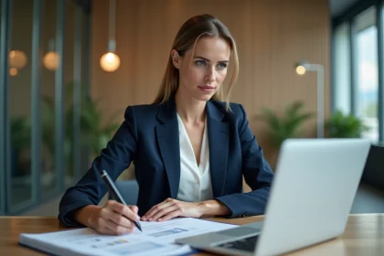 Femme en costume navy travaillant &agrave; son bureau
