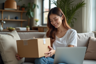 Jeune femme recevant un colis dans un salon moderne