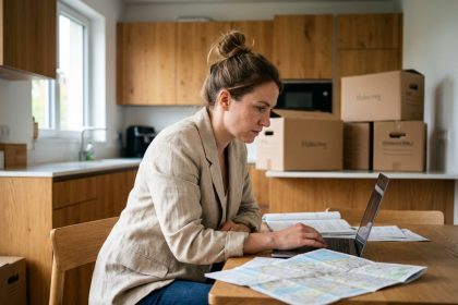 Femme concentr&eacute;e &agrave; la maison en pr&eacute;parant son d&eacute;m&eacute;nagement