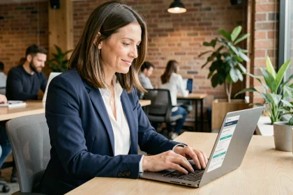Femme professionnelle consultant des offres d'emploi sur un portail de recrutement en ligne dans un espace de coworking moderne