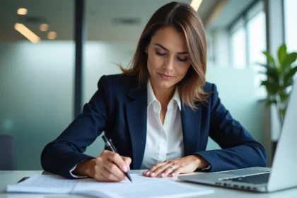 Femme cadre rédigeant une demande de rupture conventionnelle à son bureau dans un bureau moderne