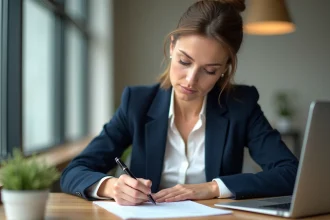 Femme professionnelle rédigeant une lettre de démission courte à son bureau dans un bureau moderne