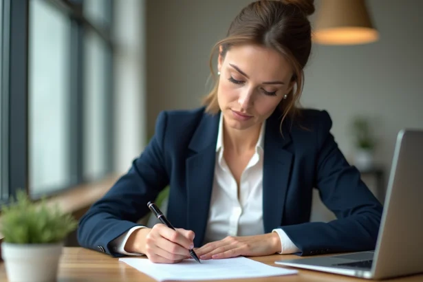 Femme professionnelle rédigeant une lettre de démission courte à son bureau dans un bureau moderne