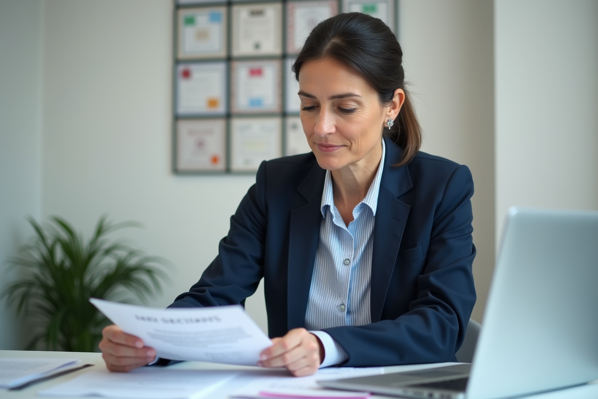 Responsable RH française examinant une checklist dans un bureau organisé