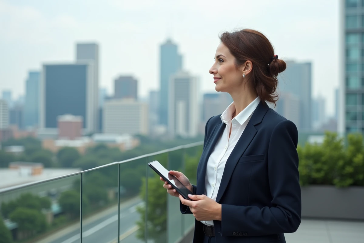 Femme confiante en terrasse avec vue sur la ville